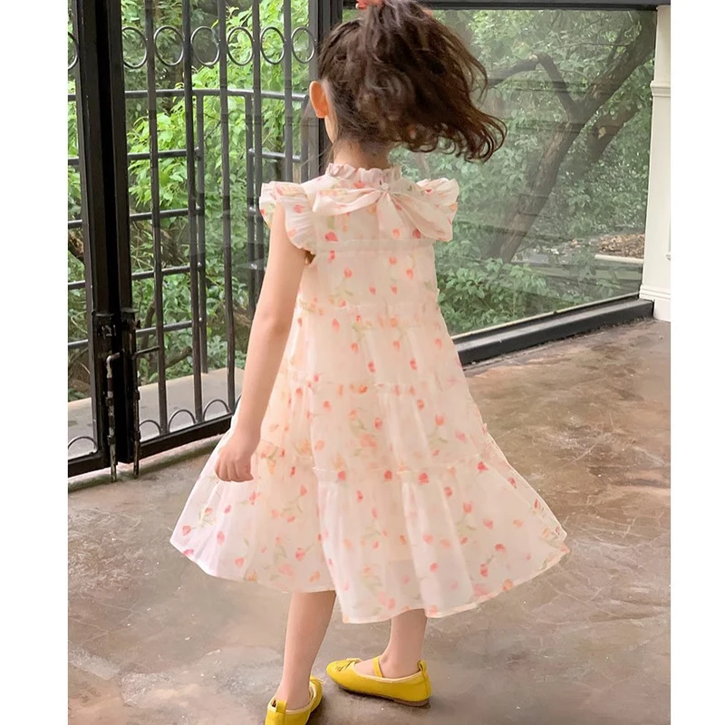 2-8 Years New Summer Princess Girls Dress Full Print Little Flower Lightweight And Comfortable Design Party Dress For Kids