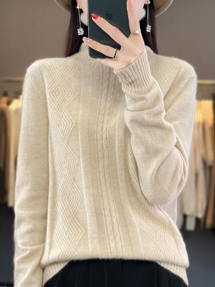 Autumn Winter Women 100% Merino Wool Sweater Pullovers Turtleneck Long Sleeve Jacquard Wool Knitwear Versatility Grace Soft Tops