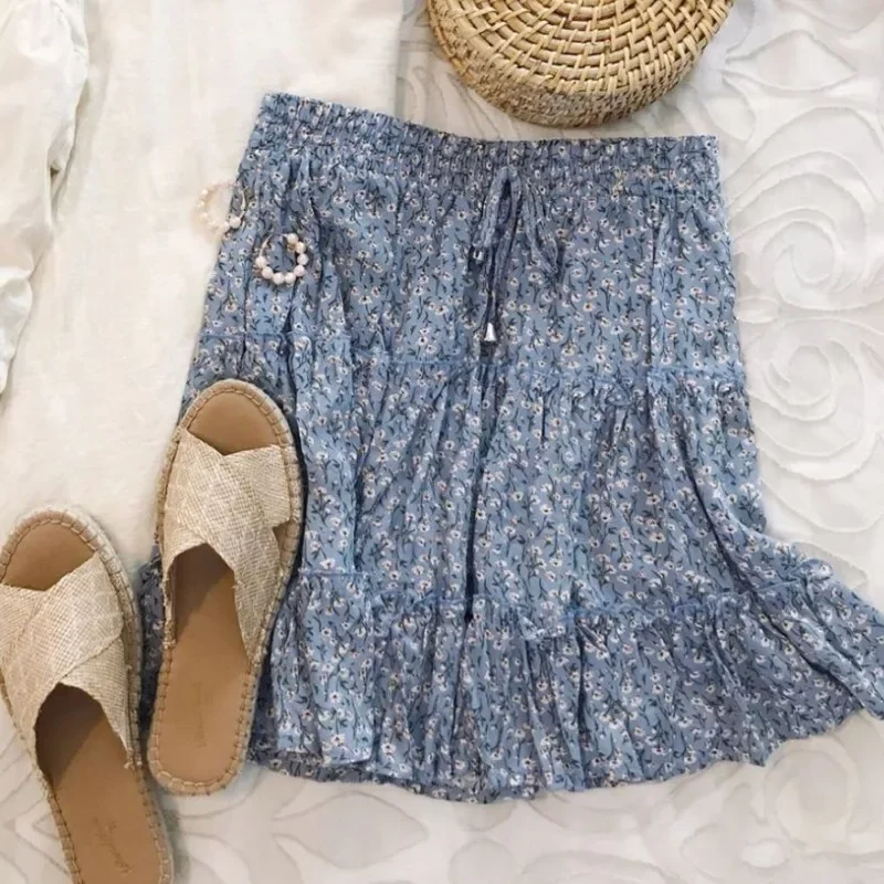 

Casual Floral Print Skirt For Women 2025 Summer Fashion Women's Elastic High Waist Mini Skirt Female Beach Holiday A-Line Skirt
