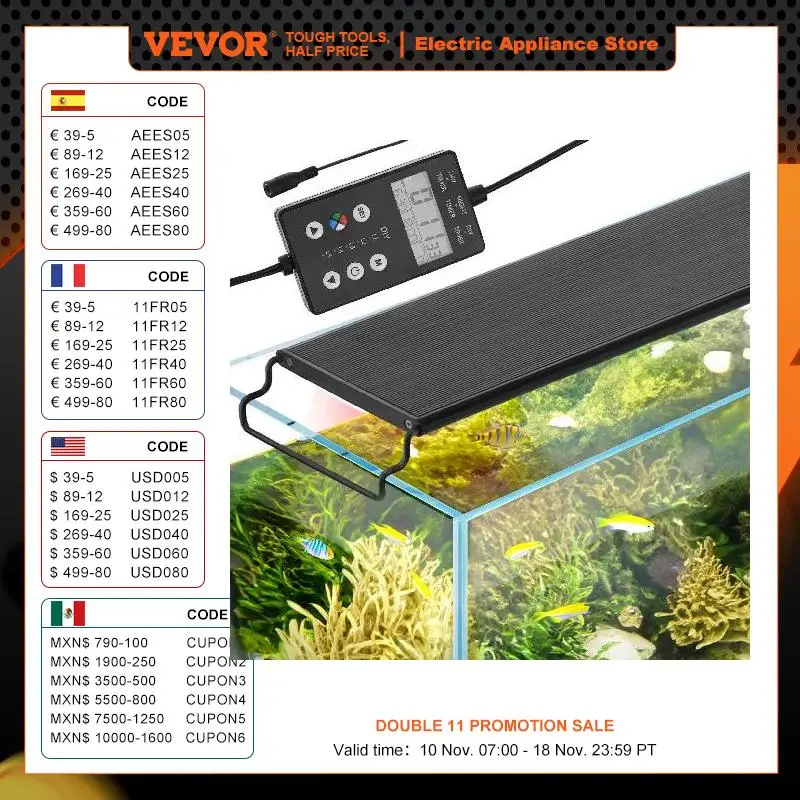 VEVOR Aquarium Light with LCD Monitor 22W Adjustable Brightness - Aluminum Alloy Shell Extendable Brackets for 24