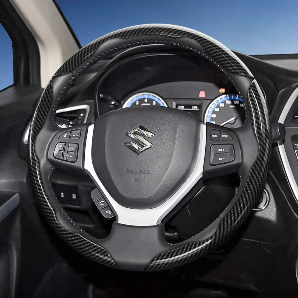 Funda para Volante con Textura de Fibra de Carbono Compatible con Suzuki, con Diseño de Liberación Rápida Segmentada para Wagon R, Swift, Ertiga, Brezza, Baleno, Fronx, Dzire, Spacia, Alto, Eeco, Hustler, Grand Vitara, S-Cross, Ignis