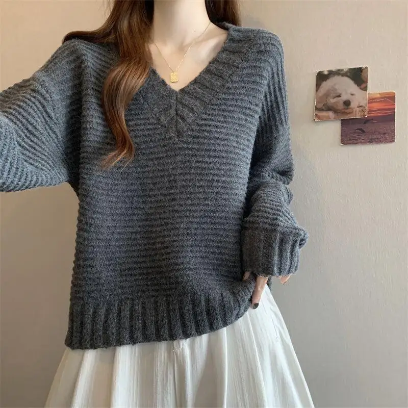 

Sweater Knitwear Women's Big Size Korean Style V Neck Loose Pullover Sweater Women Autumn Winter New Lazy Style Slimming Long
