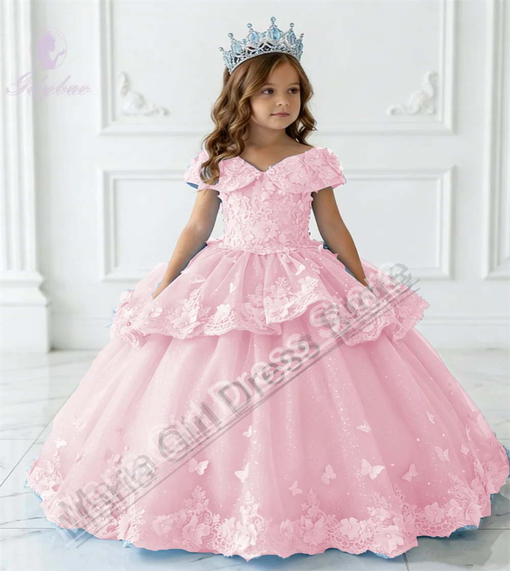 Cute Sky Blue Flower Girl Dress with Puffed Appliques for Toddlers Communion Banquet Performance Beauty Pageant Winning Dress
