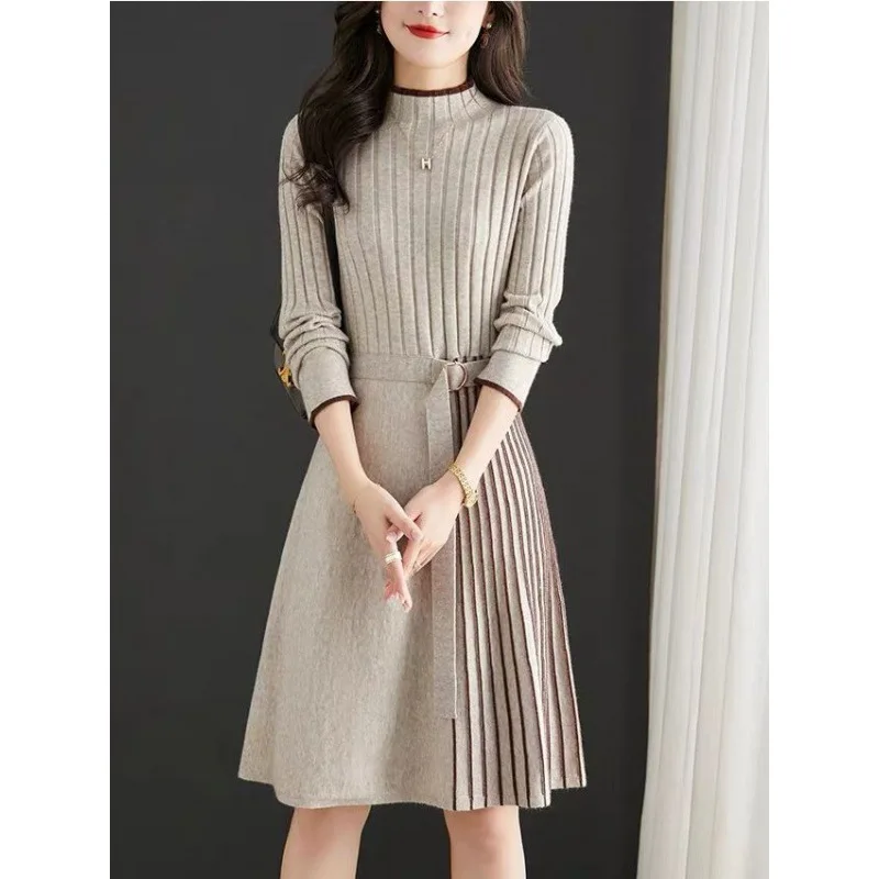 

Autumn Winter Knitted Dress Women's Commute Slimming Midi Loose Pleated Base Layer Sweater Dress Cleanfit mid Waist PVC Fabric