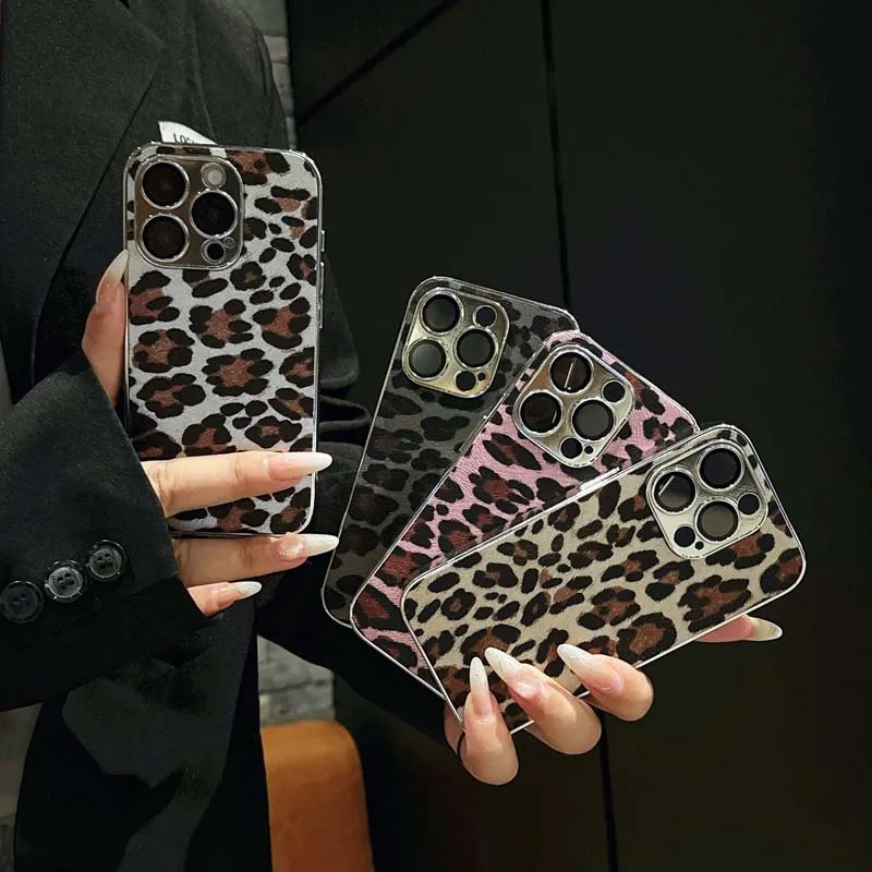 Luxury Leopard Print Electroplate Phone Case for IPhone 16 15 14 12 13 Pro Max 15Pro Full Lens Film Protection Cover Caque