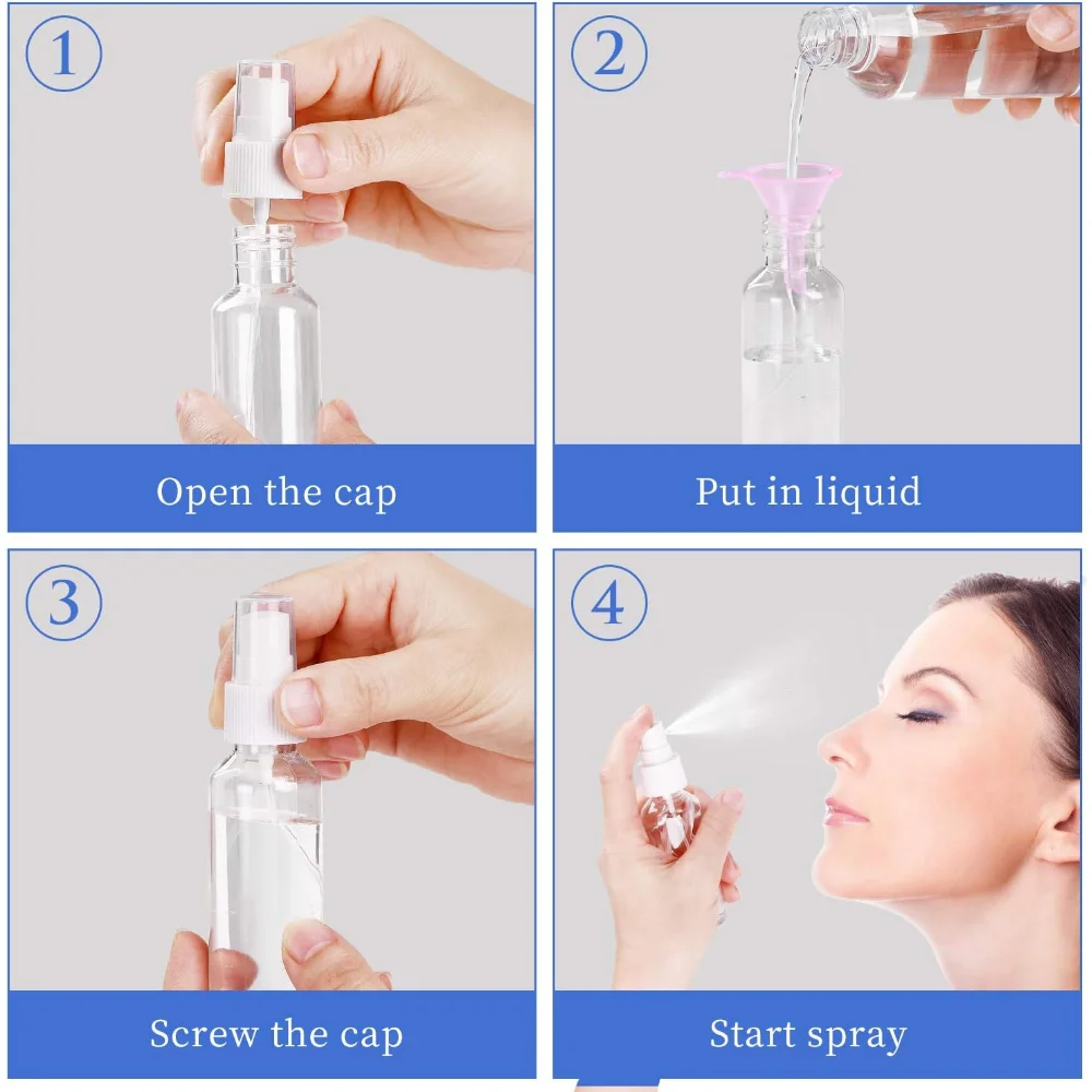 50 Stück 10-100ML Leere Plastik-Sprühflaschen Nachfüllbare Flüssigkeitsbehälter für Reisen, Reinigung, Make-up Feinnebel-Sprühflasche mit Trichtern – Detail 5