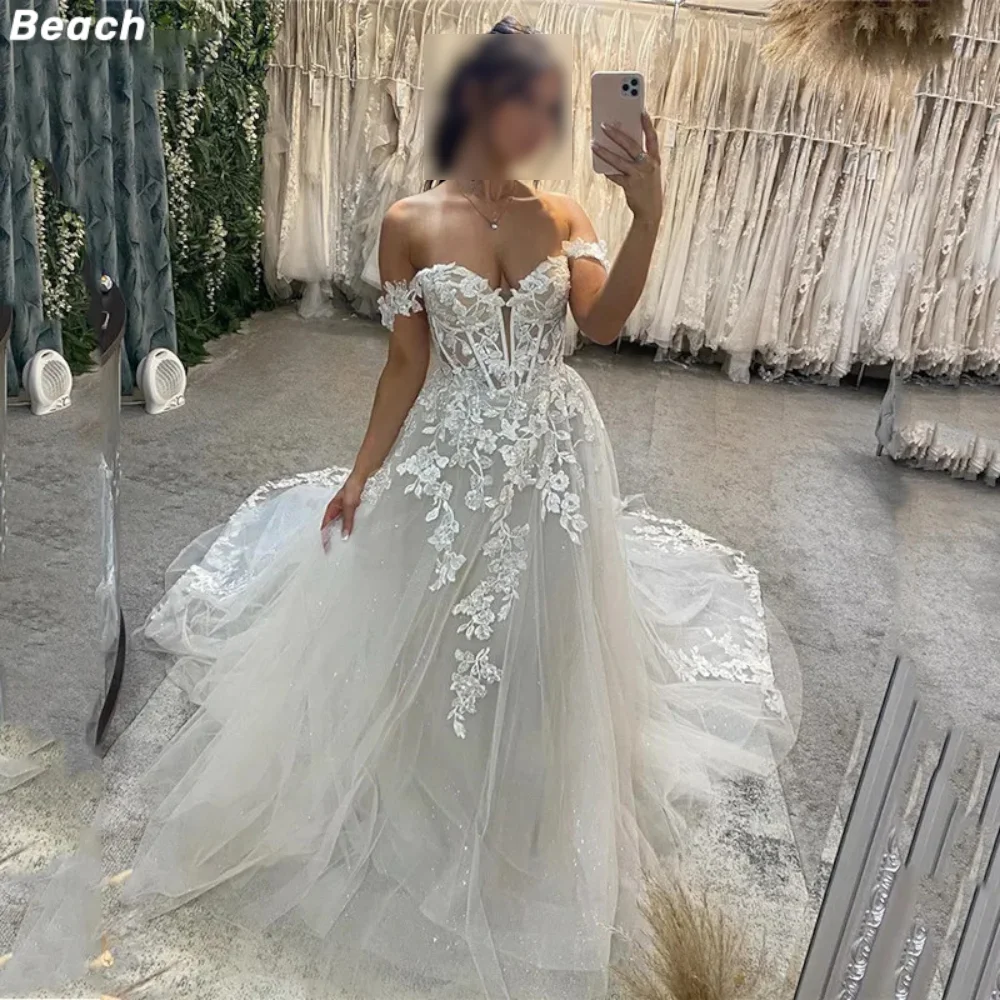 

Beach Princess Wedding Dress 2023 V-neck Backless Sweetheart Tulle Bride Dress 3D Appliques Wedding Gowns Vestido Novia Train