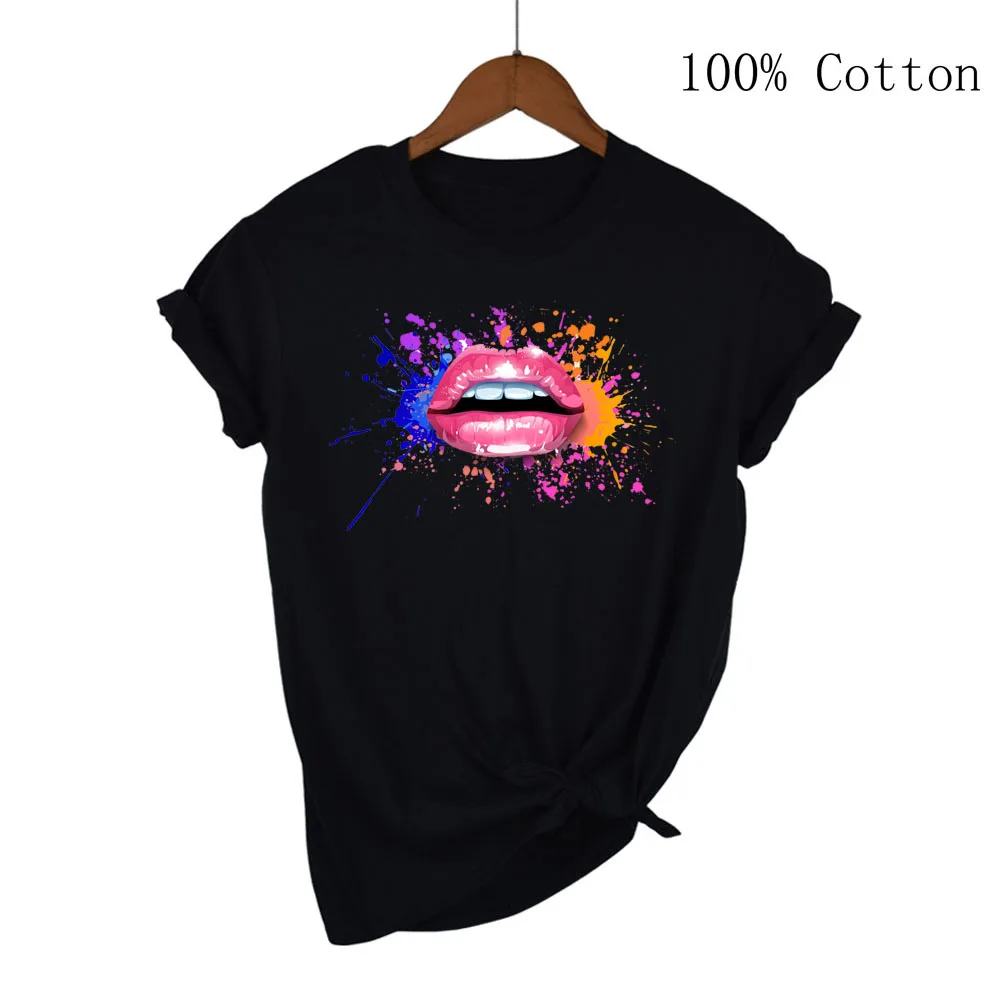 Women Summer Short Sleeve Tshirts Fashion Red Lips Finger Print Ladies T-shirts Top Cartoon Womens Graphic Tees T-Shirts