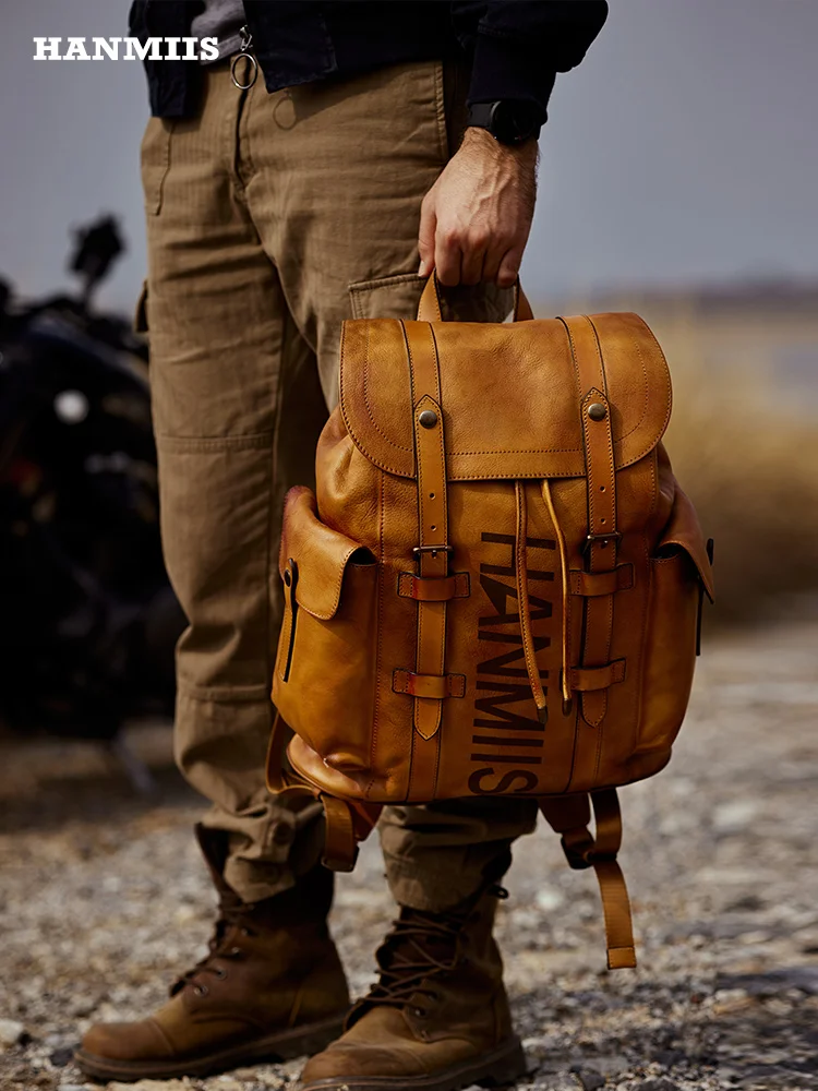 HANMIIS New Full-Grain Leather Large-Capacity Backpack & Travel Bag | Premium Men's Business Laptop Rucksack & Weekender Daypack