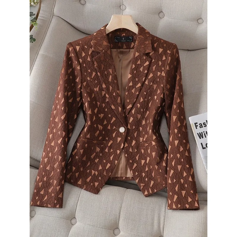 Geometric Patterns Women Suit Blazer Black Coffee White Female Business Work Wear Slim Fit Formal Lady Jacket For Spring Autumn