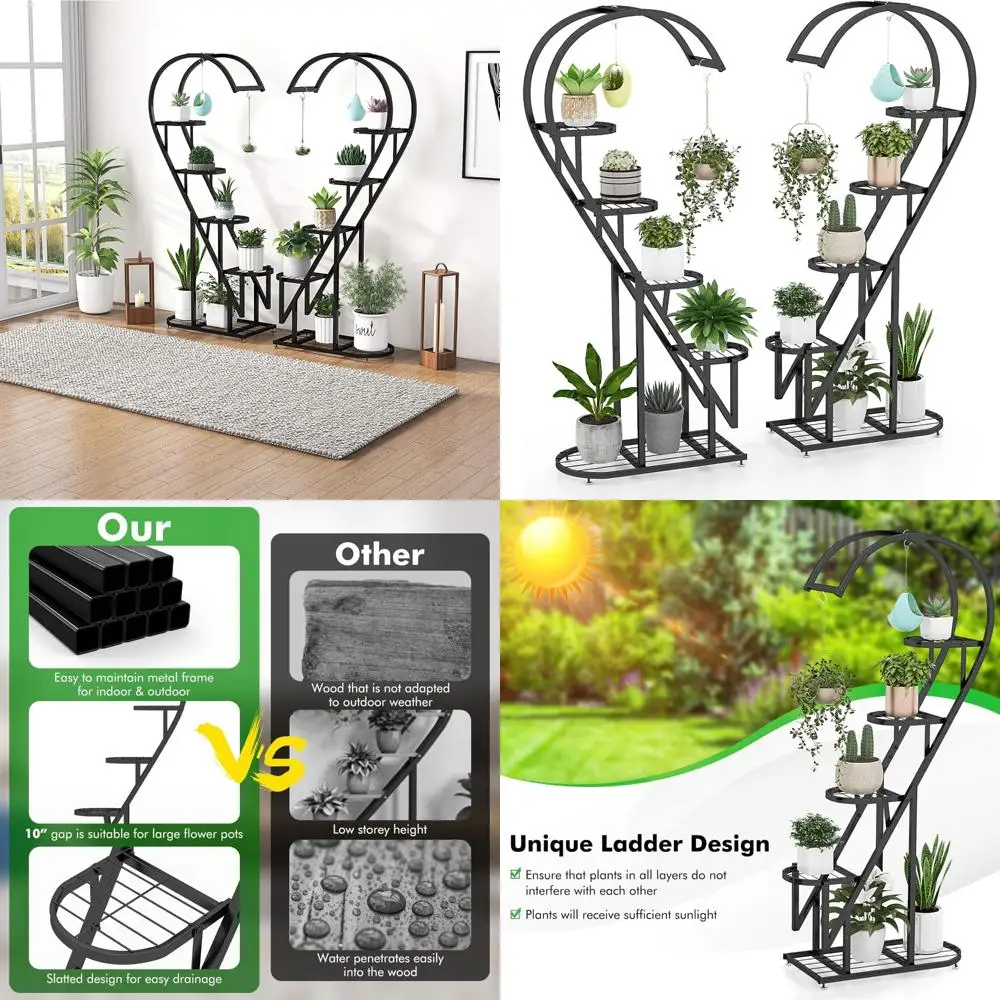 

6-Tier Metal Heart-Shape Ladder Plant Stand with 12 Shelves and 6 Hooks, Indoor Multi-Purpose Hanging Planter Rack