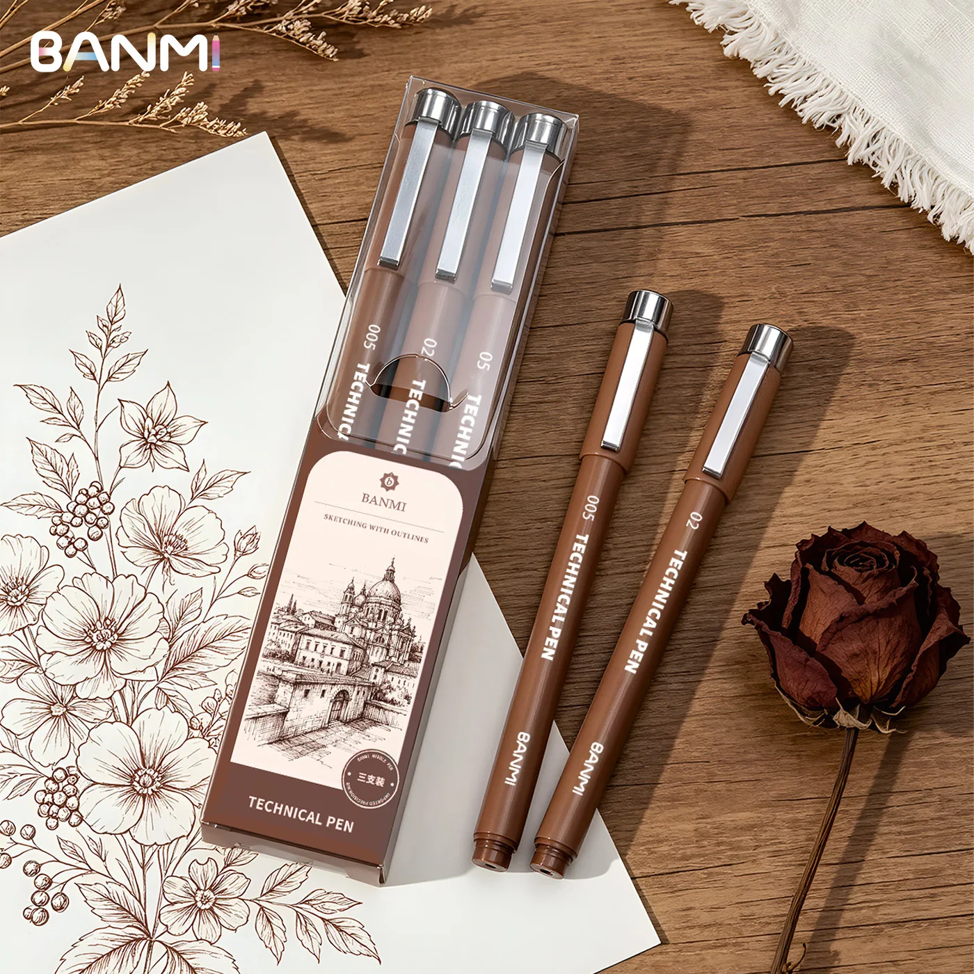 BANMI Fineliner Pen Waterproof Brown Ink Gel Pen 005/02/05 Tip Technical Pen for Sketching Drawing School Supplies Stationery