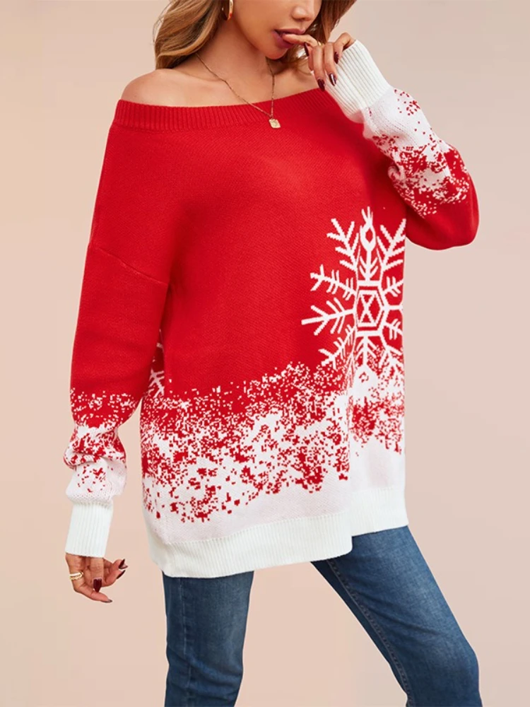 New in Women's Winter Knit Sweater - Off Shoulder Pullover with Snowflake Pattern Christmas Color Block Mid-Length Casual Jumper