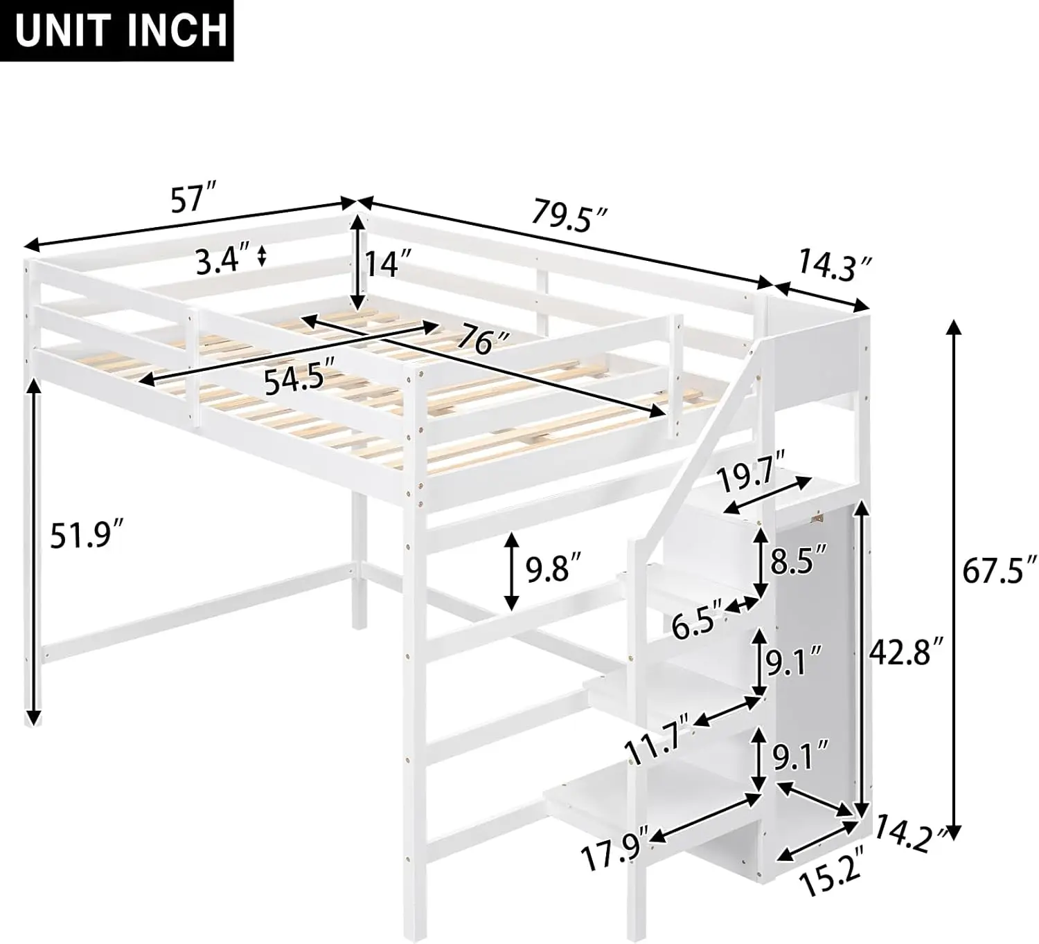 Weißer Hochbett rahmen in voller Größe mit Treppe und Aufbewahrung schrank, vollständigem Hochbett rahmen aus Holz mit Ablage fach, hohem Dachboden