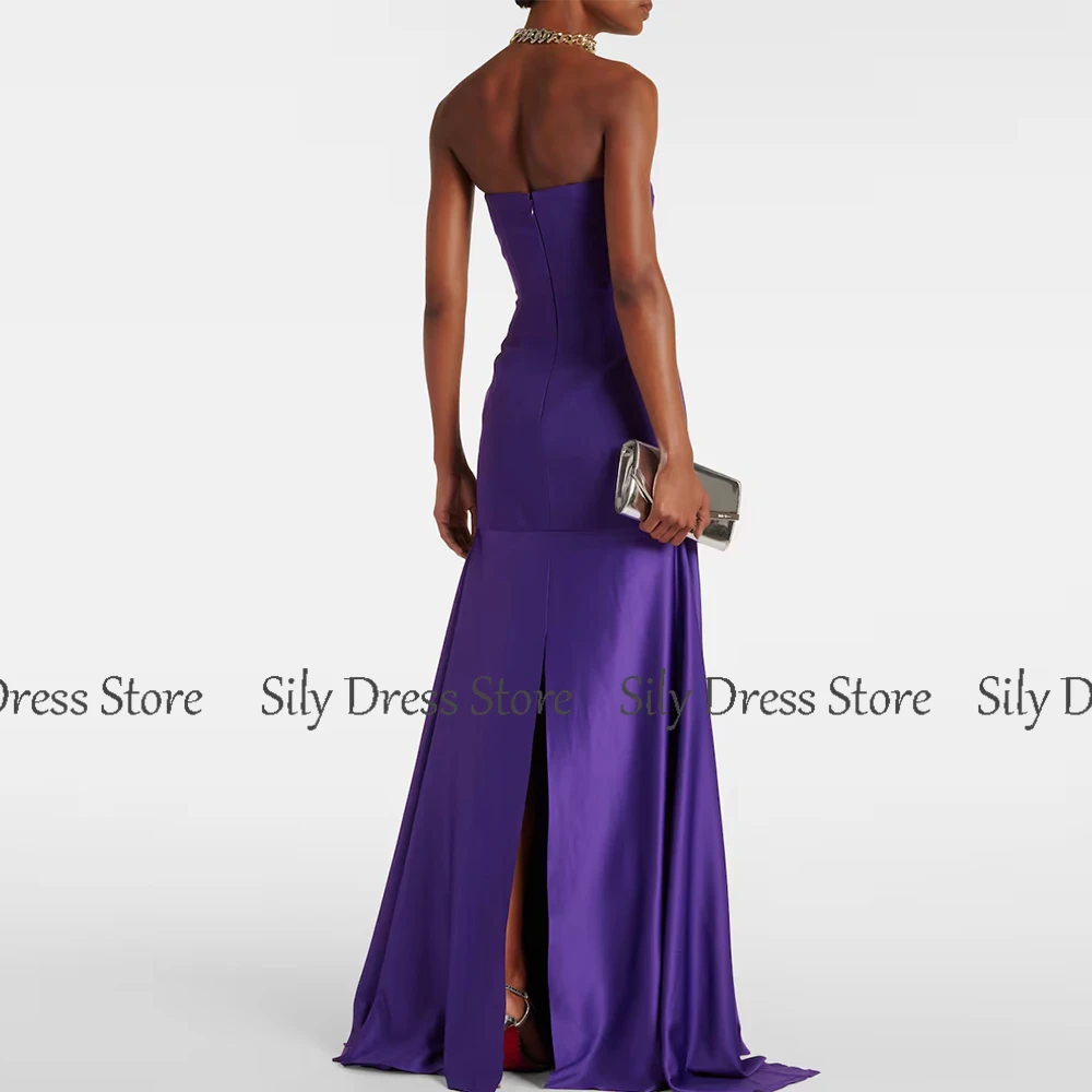 Purple Long Evening Dresses Satin&Jersey A-line Formal Party Dress Strapless Split Ruched Valentine\'s Day Gown 2024