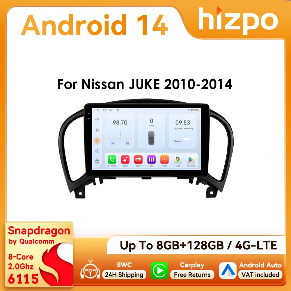 9-Zoll Hizpo 2Din Android Autoradio für Nissan JUKE 2010 - 2014 ​ Snapdragon 6115 Headunit RDS DSP GPS 4G BT SWC Auto CarPlay 360 ° GLAS