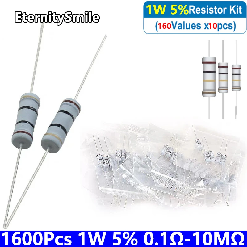 

1600Pcs/Pack 160 Values 1W 5% Carbon Film Resistors Kit 0.1Ω-10MΩ 1R 10R 470R 1K 47K 68K 680K 820KOhm Resis Tance Assortment Set