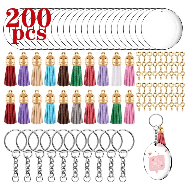 200 Pcs Including Round Acrylic Clear Transparent Discs Key Rings Jump Rings Acrylic Keychain Blanks Vinyl Crafting Kit Dropship