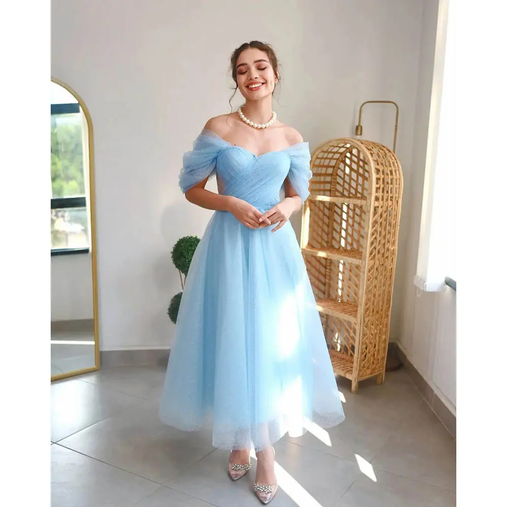 

2024 Lace Up A-line Formal Evening Gowns Off the Shoulder Tea-Length Prom Dresses Sweetheart Pleats Sequins Homecoming Dress