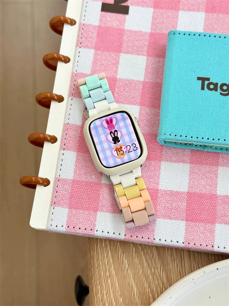 

Korea Rainbow Resin Strap+Case 49mm For Apple Watch 45mm 40mm 41mm 38 40 44mm Correa Men Women Watchband For iwatch 9 8 SE 7 6 5