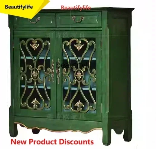 Q181 n American rural entrance cabinet solid wood retro green living room locker, dining side cabinet multi-layer entrance door
