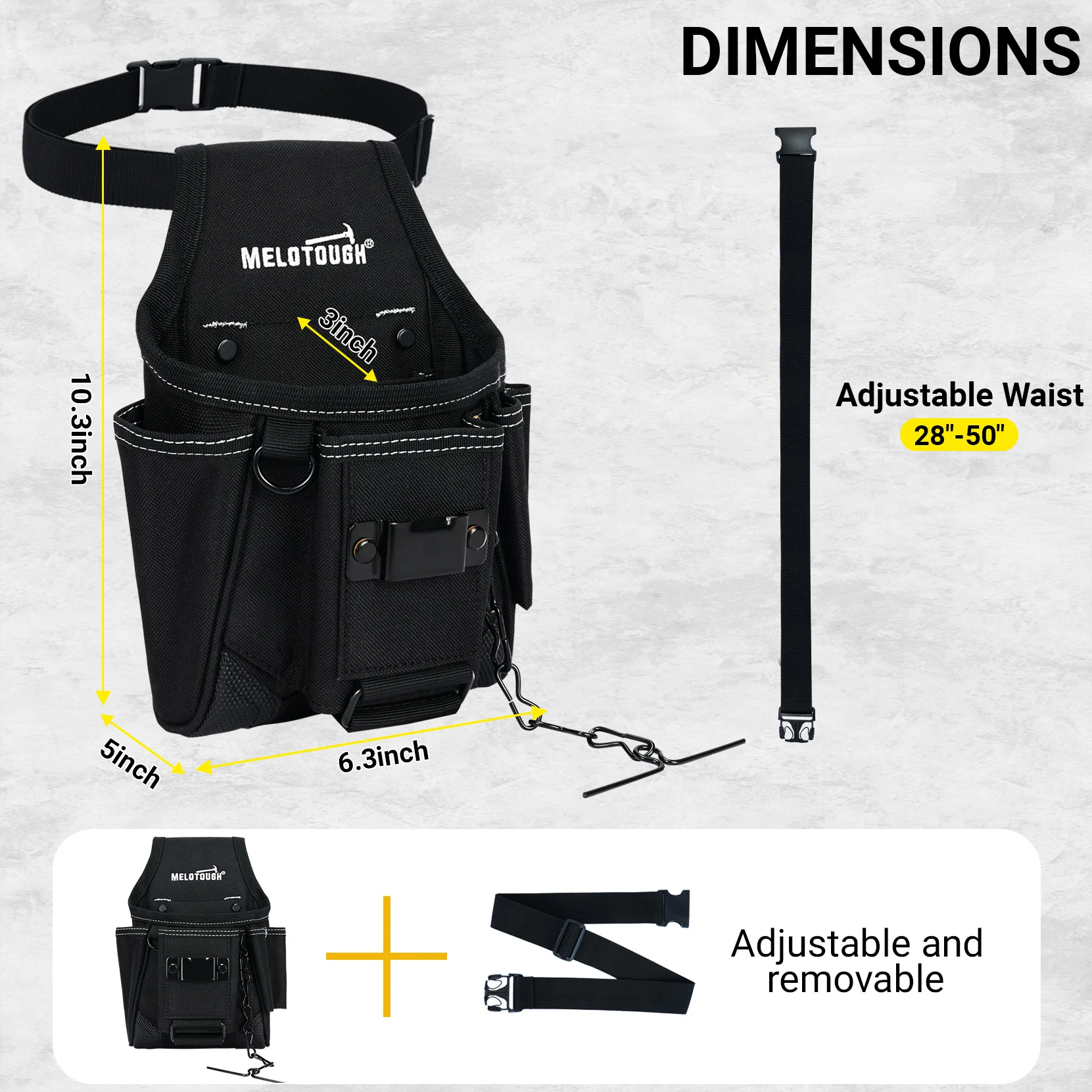 Black 9 Pocket 600D Fabric Tool Pouch Rigid Back Panel Belt Clip Organizer with Tape Measure Holder for Electrician Carpenter