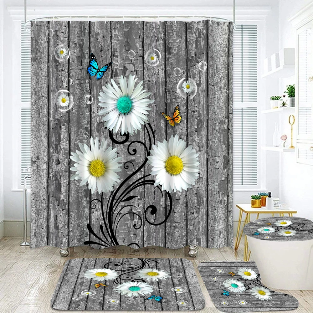 Old Wooden Board Plank Flower Pattern Shower Curtain Set Toilet Cover Rug Carpets Non-slip Kitchen Bath Mat Bathroom Sets Decor