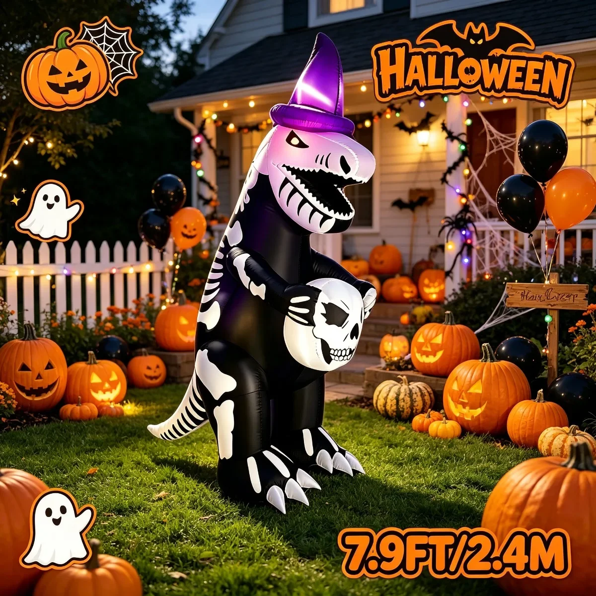 Outdoor Holiday Decorations Skeleton Dinosaur Inflatable Witch Hat LED Lawn Holiday Ornament