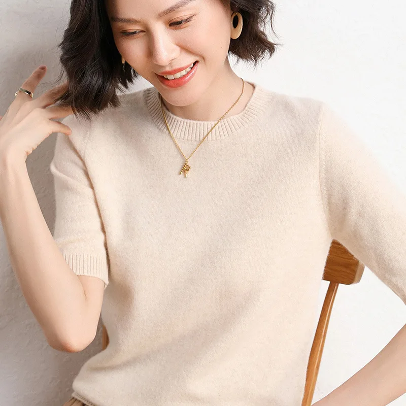 Women's O Neck Knitted T-Shirt Korean Pullover Short Sleeve Sweater Women's Basic Solid Color Half Sleeve