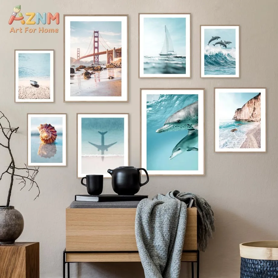AZNM Unframed Canvas Print Coastal Ocean Wall Art Dolphin Seashell Beach Scenery Home Decor Poster