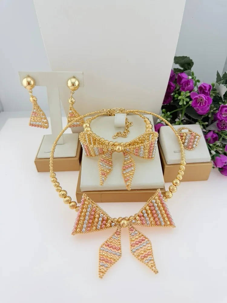 Rhinestone Bow Jewelry Set for Women 4Pcs Crystal Choker Necklace Dangle Earrings Bracelet Ring Wedding Party Bridal Accessories
