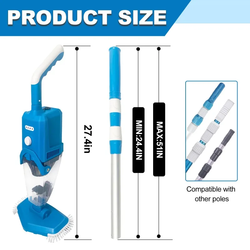 Electric Handheld Pool Vacuum Cleaner Automatic Pool Leaf Sweeper Handheld Pool Vacuum Cleaner