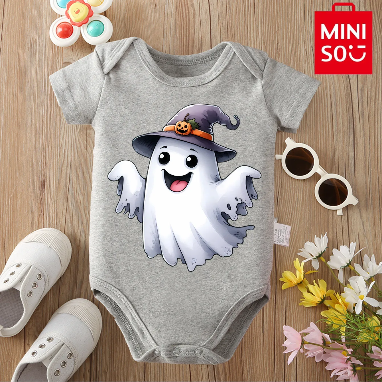 MINISO 100% ملابس قطنية بلدي أول هالوين شبح الخفافيش كاندي طباعة ارتداءها للطفل نيسيي بذلة لحديثي الولادة 0 إلى 12 شهرا