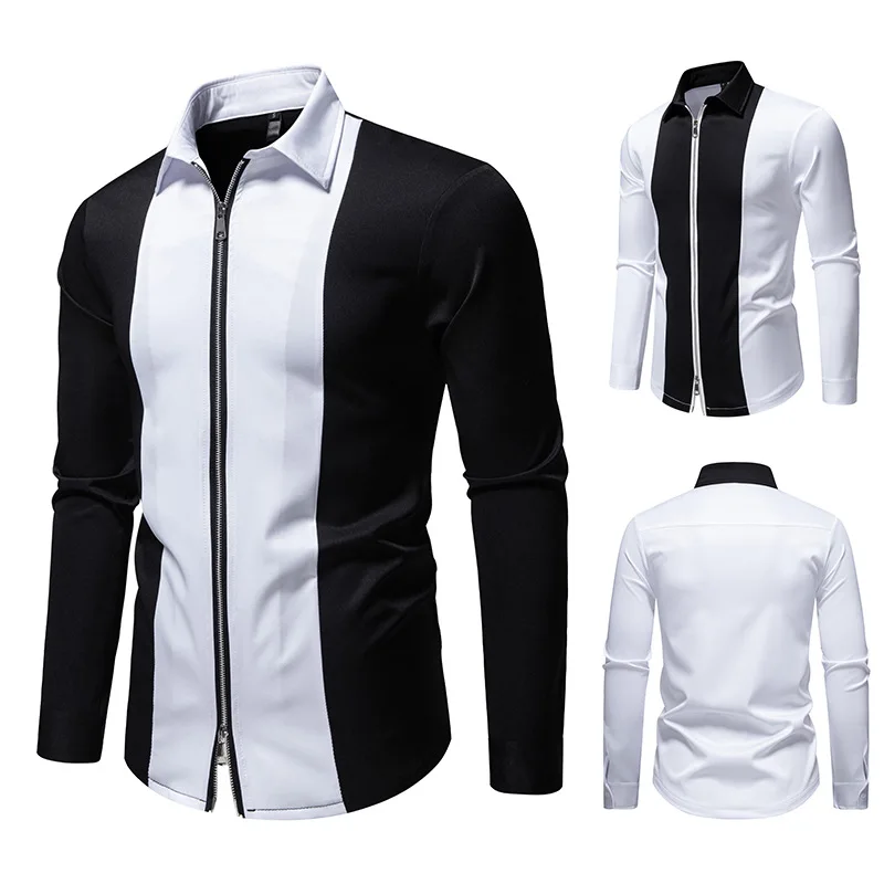 

Bla White Color Contrast Zipper Design Long Sve irt for Singer Street Dance Performance Night Club Disco ow Performance