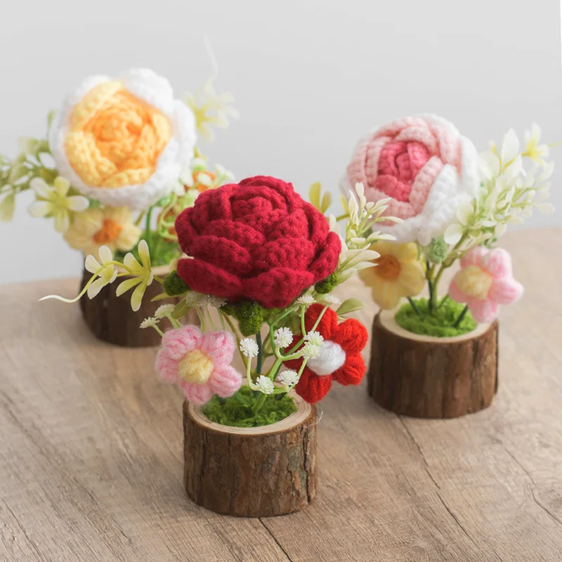 Knitted Flowers Potted Crochet Sunflower Hand-woven Crochet Flowers Artificial Flower For Home Decor Friends Gift