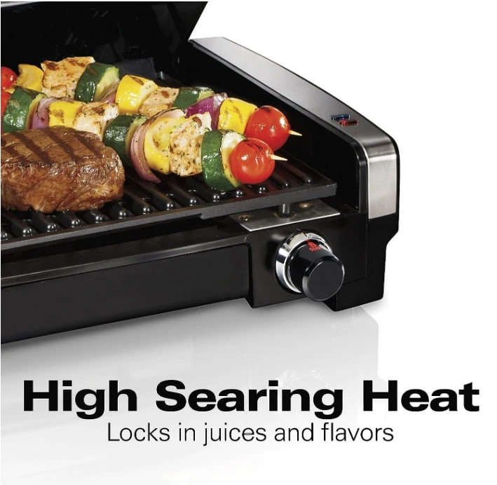 Adjustable temperature control to 450 degrees Fahrenheit, removable non-stick grille, 118 square. On the surface suitable for 6