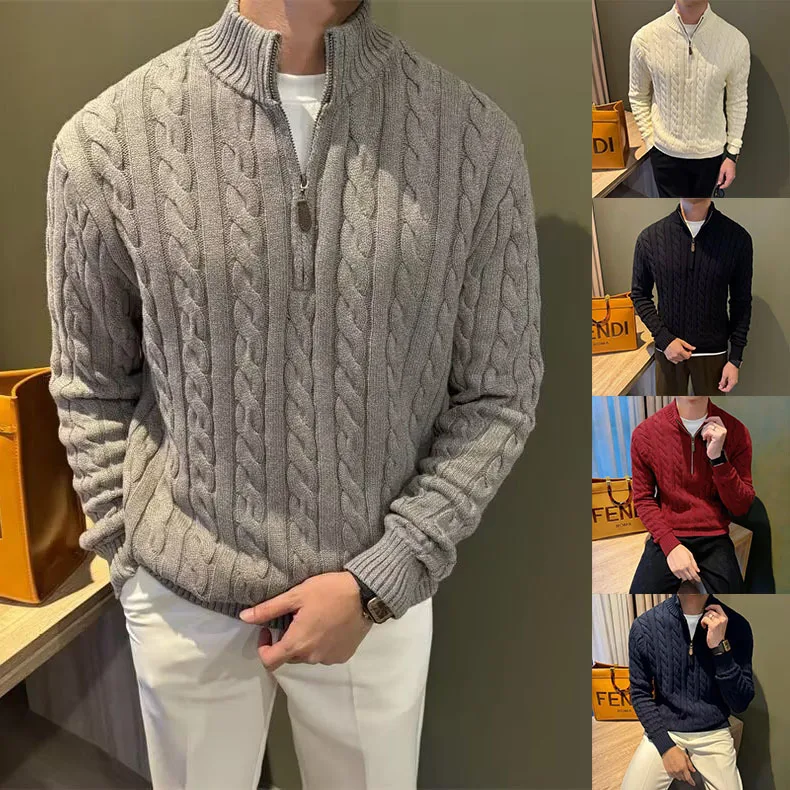 Men's Spring & Autumn Half Zip Stand Collar Cable Knit Sweater Light Luxury Old Money Style Knit Pullover