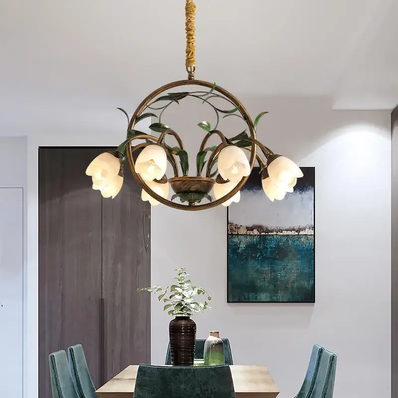 Nordic Scandinavian Style Room Apartment Decoration Chandelier Floral Wedding Pastoral Green Leaf Flower Glass Led Pendent Lamp