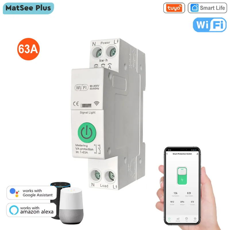 

Tuya Smart Life WiFi 63A Timer Circuit Breaker Overload Protect App Power Monitor Remote Control Supports Google Home Alexa