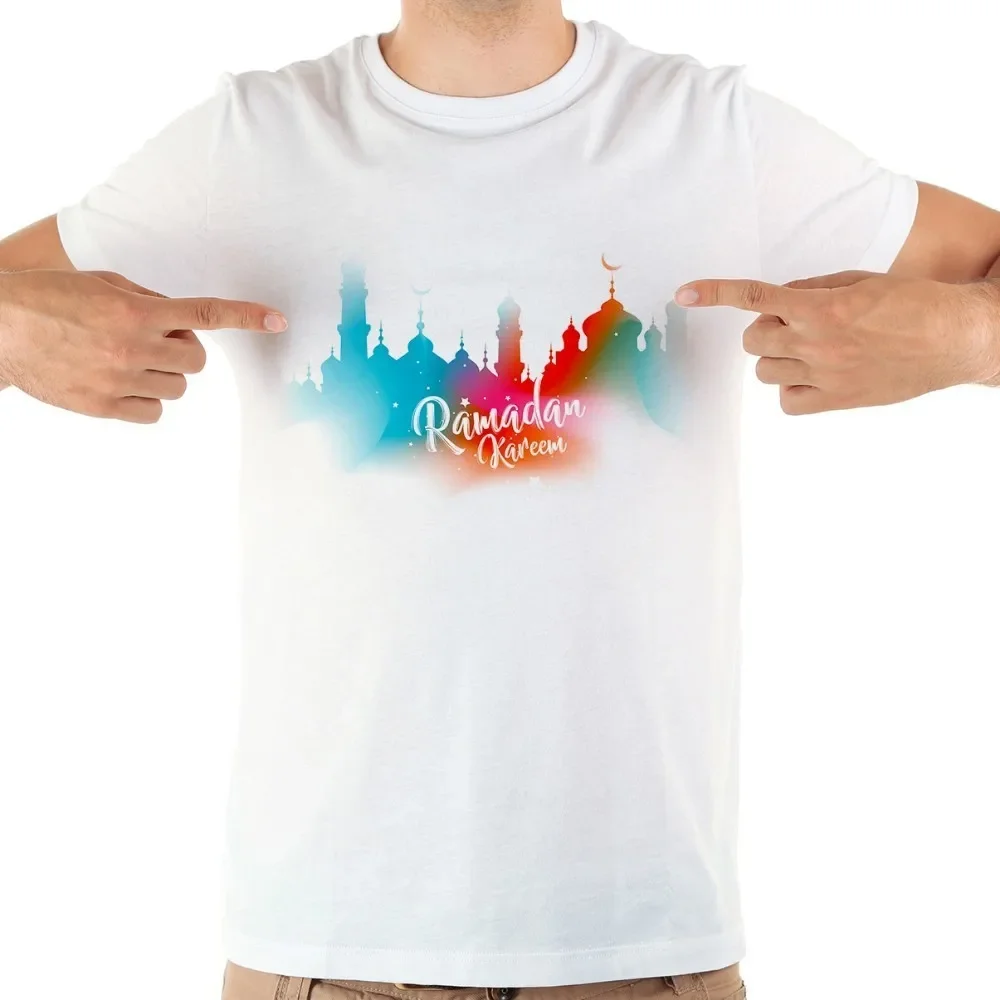 Islamic Muslim Ramadan Watercolor Mosque Crescent Art T-shirt,New White Casual TShirt Men,Holidays Unisex Tee, Breathable Print