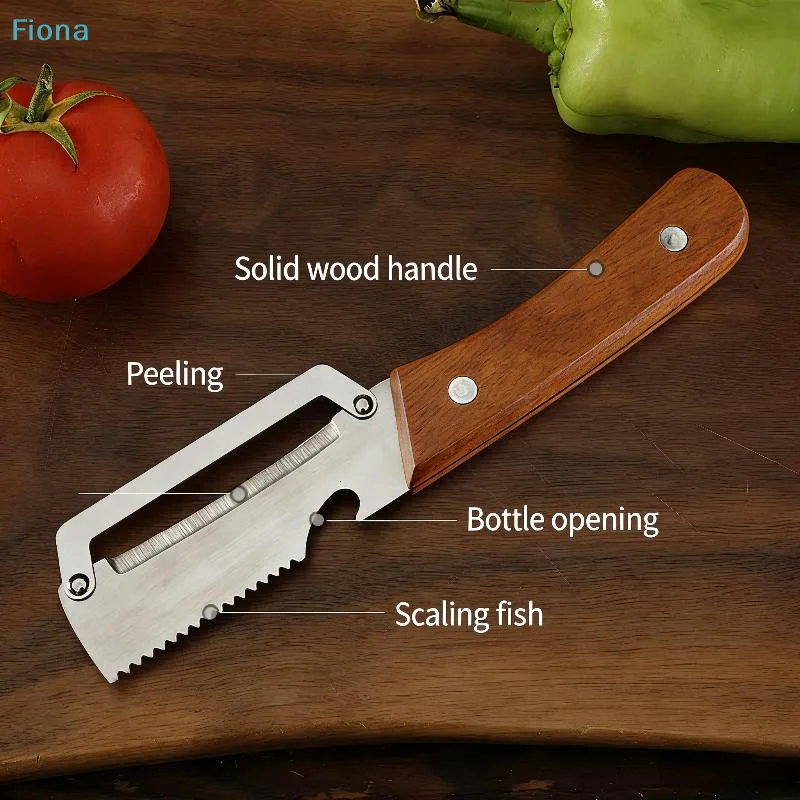 ☽Multifunctional Vegetable Peeler with Wooden Handle,5-in-1 Stainless Steel Peeling Knife for Kitchen,Fruit & Bottle Opener
