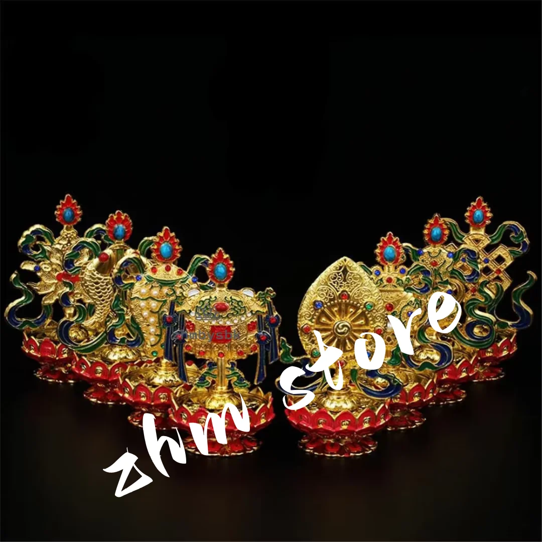 8pcs/Set Big Lotus Base Colored Plated Buddhist Suppliers Tibetan Tranic Eight Auspicious Symbol Putting Decorate Instruments