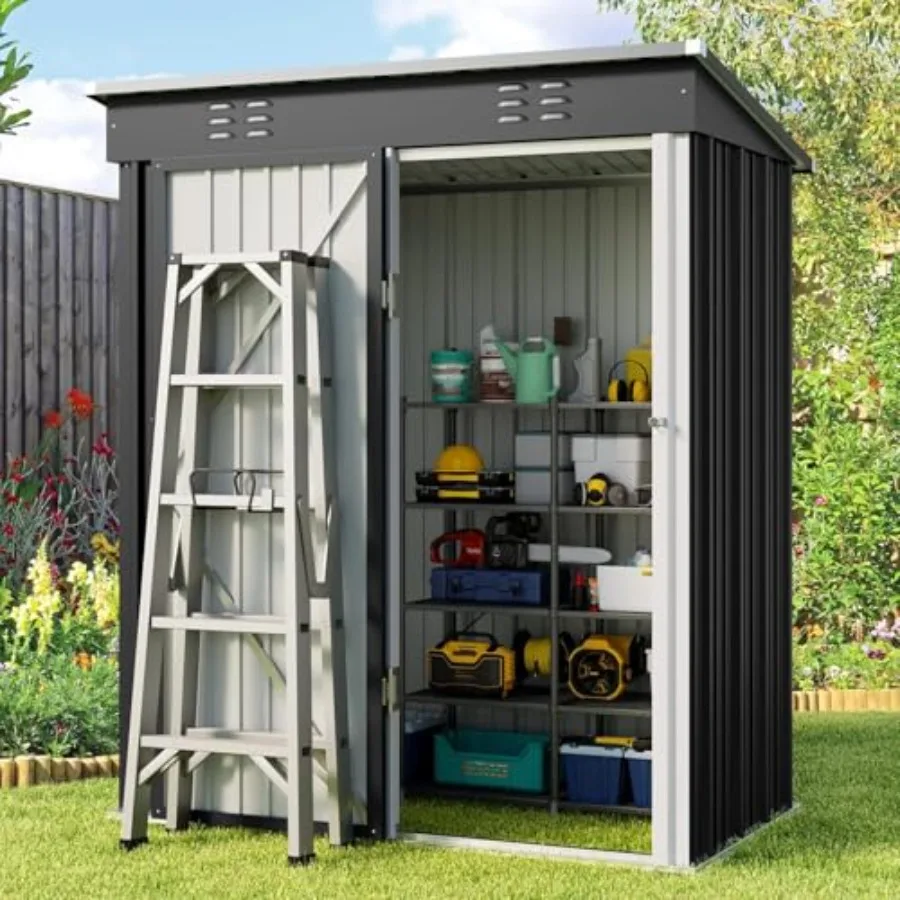 Outdoor shed for backyard storage, galvanized metal construction, gray color, rust-resistant and lockable door for security