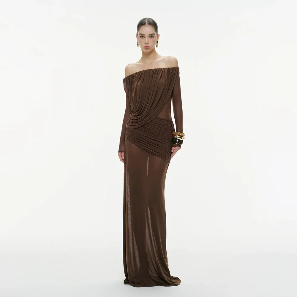 

Off-shoulder Pleated Long Dress Elegant Slash Neck Irregular Ruched Mesh Patchwork Backless Long Sleeve Slimming Evening Gown