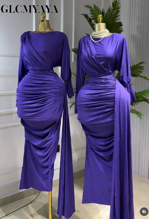 CM.YAYA المرأة كم كامل Ruched مكدسة Bodycon الشريط فستان طويل الخريف مساء عيد ميلاد عطلة فساتين مثيرة