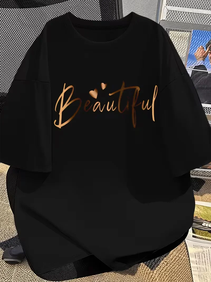 Women's Oversized T-shirt Beautiful Letter Heart Gold Foil Print Casual Short Sleeve Sweet Streetwear Tops，Round Neck