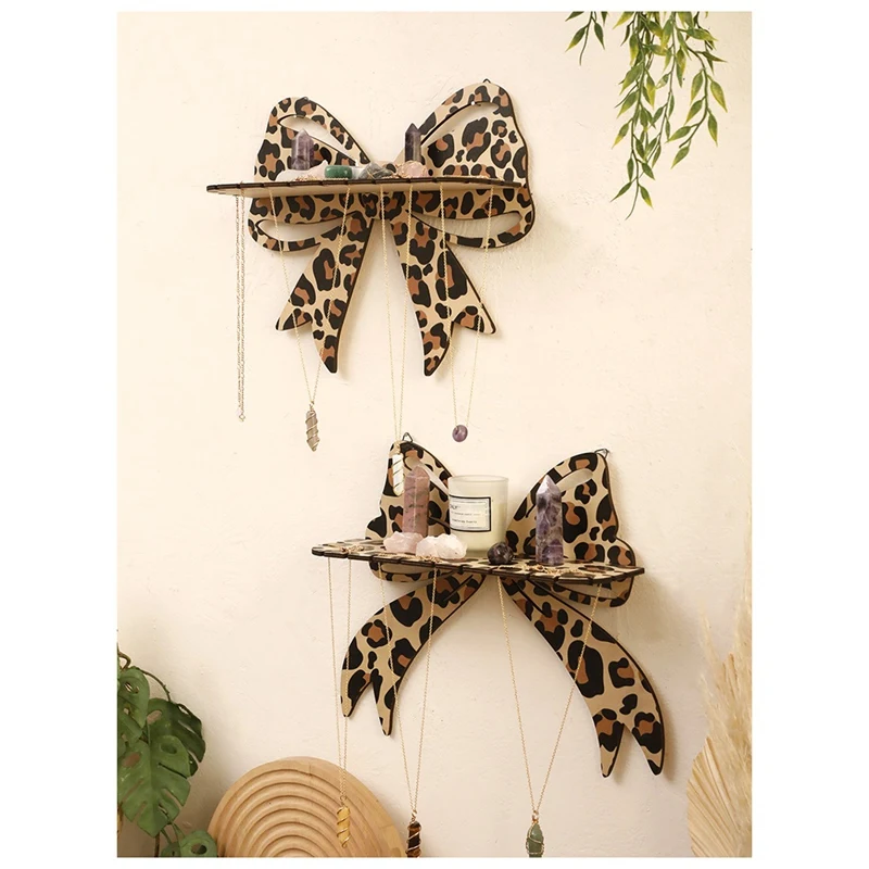 Leopard Print Bow Wall Shelf Decorative Hanging Jewelry Rack Wall Storage Rack-A27R