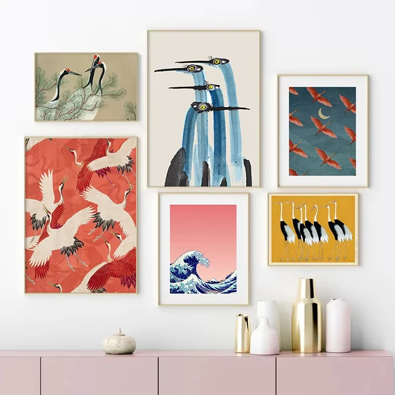 Red Crane Hokusai Eklektisches digitales Ölgemälde nach Zahlen auf Leinwand, Heimdekoration für Wohnzimmer, Schlafzimmer, handgefertigtes Geschenk, rahmenlos