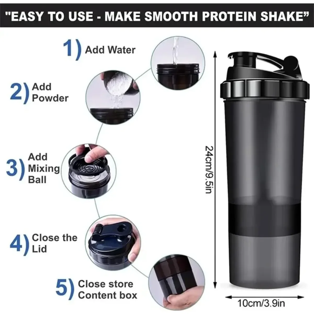 16 Oz Protein Shaker Bottle  Leak Proof Shake Bottle for Protein Mixer Non Slip 3 Layer Twist Off 3oz Cups with Pill Tray - view 6