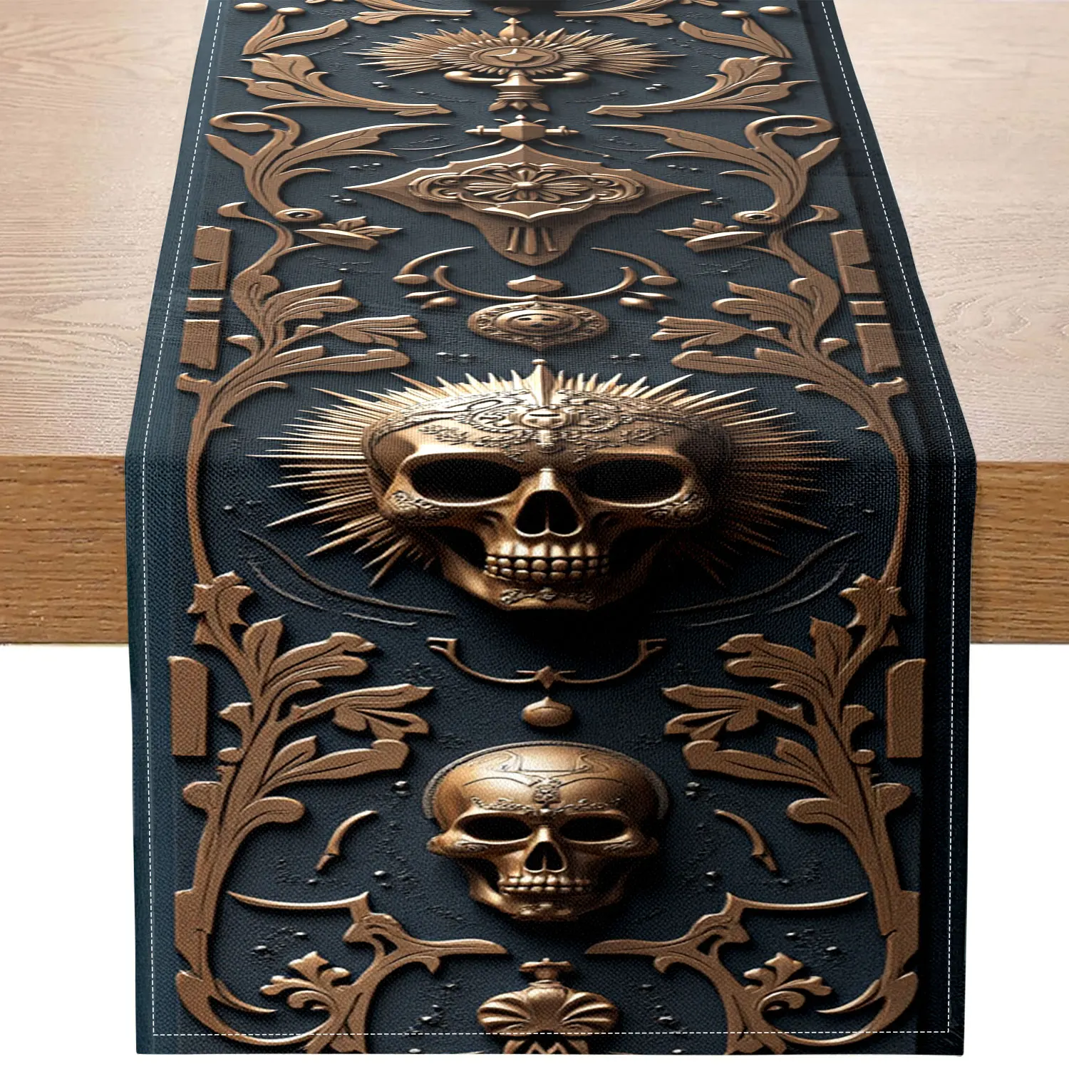 1 Gothic-Style Three-Dimensional Embossed Skull Table Runner, Featuring a Black and Gold Color Scheme with Ornate Patterns and a Metallic Skull Design, Suitable for Gothic-Themed Restaurants, Dark Parties, Art Studios, Fantasy-Style Guesthouses, Cultural and Creative Exhibitions, Personalized Home Decor, Unique Gift Giving, and Halloween Scene Arrangement